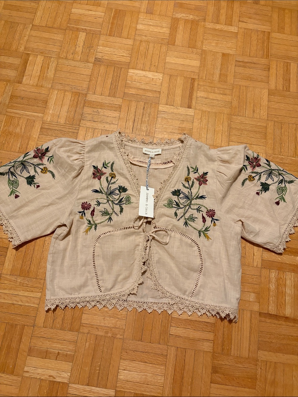 Jennifer & Grace Embroidered Crop Top - Beige with Floral Detail